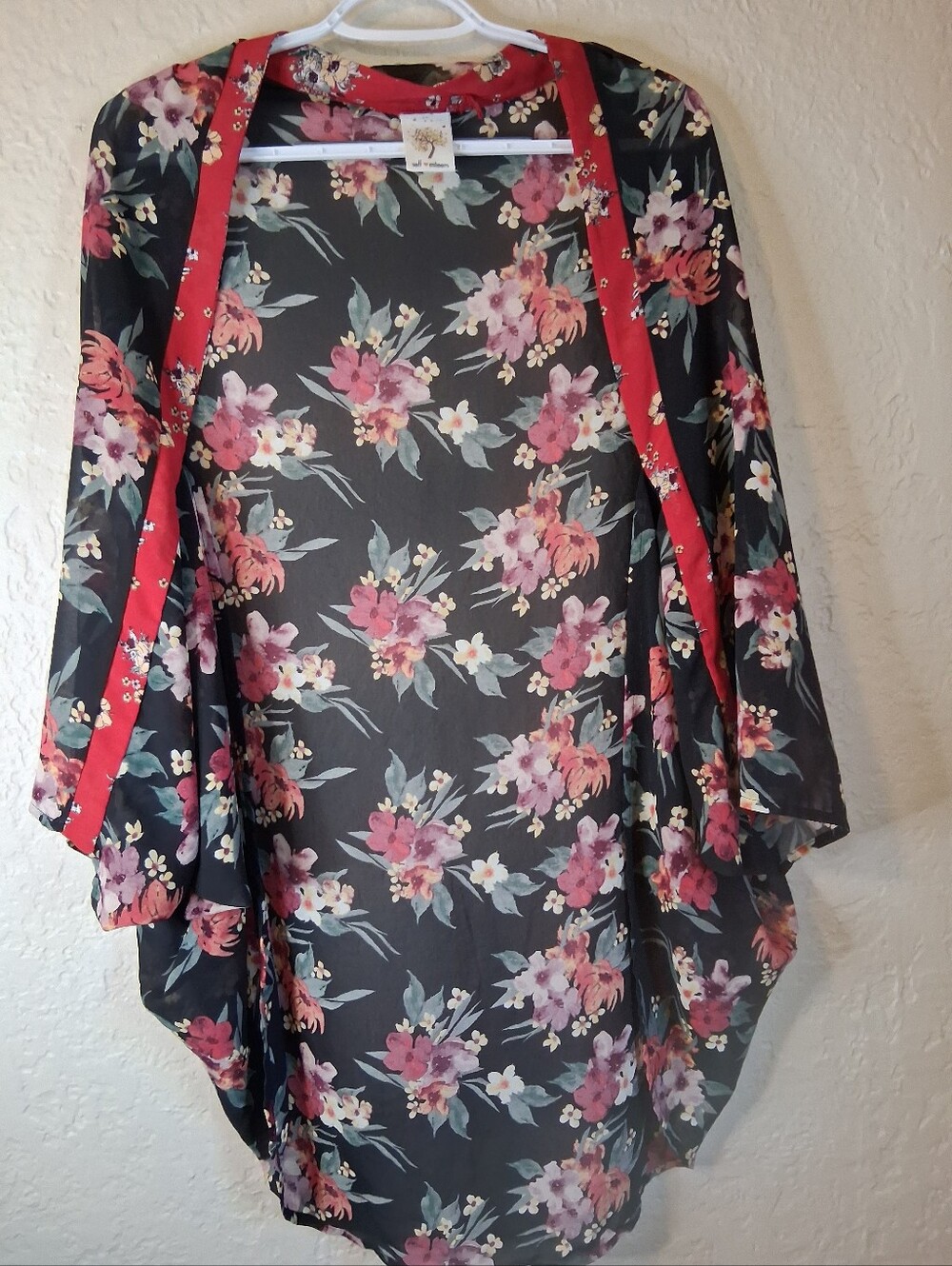 Self Esteem Floral Kimono Style Shrug with Red Trim OS